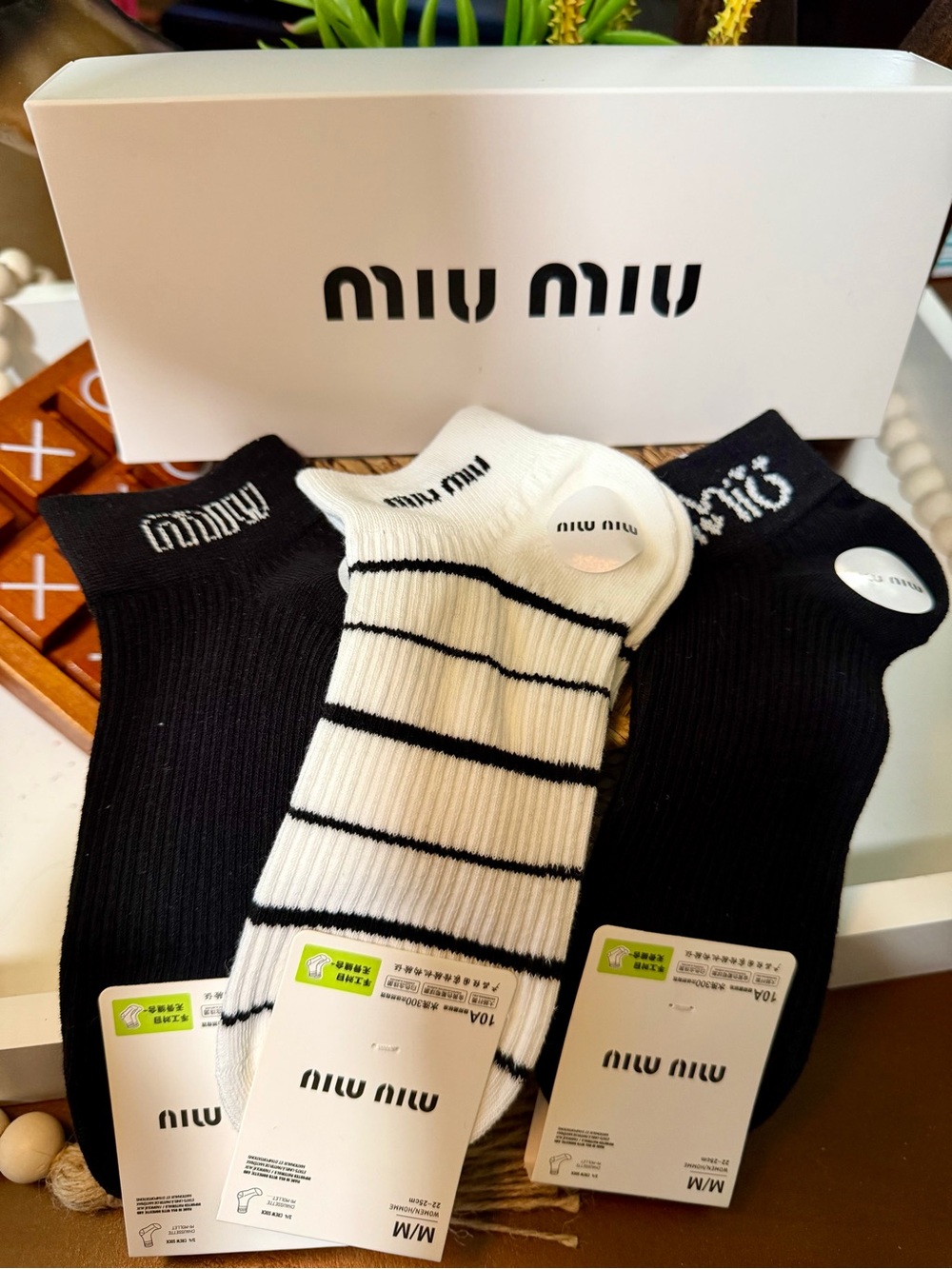 Miu Miu Black & White Low-Cut Striped and Solid Sock Set